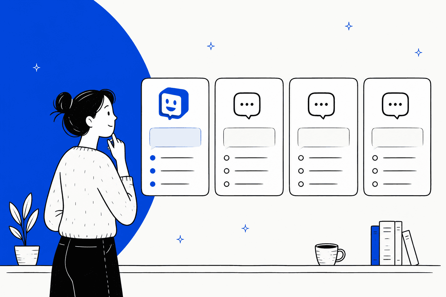 Hand-drawn hero banner in Chatway blue showing a store owner comparing four live chat widget cards, the first one carrying the Chatway logo