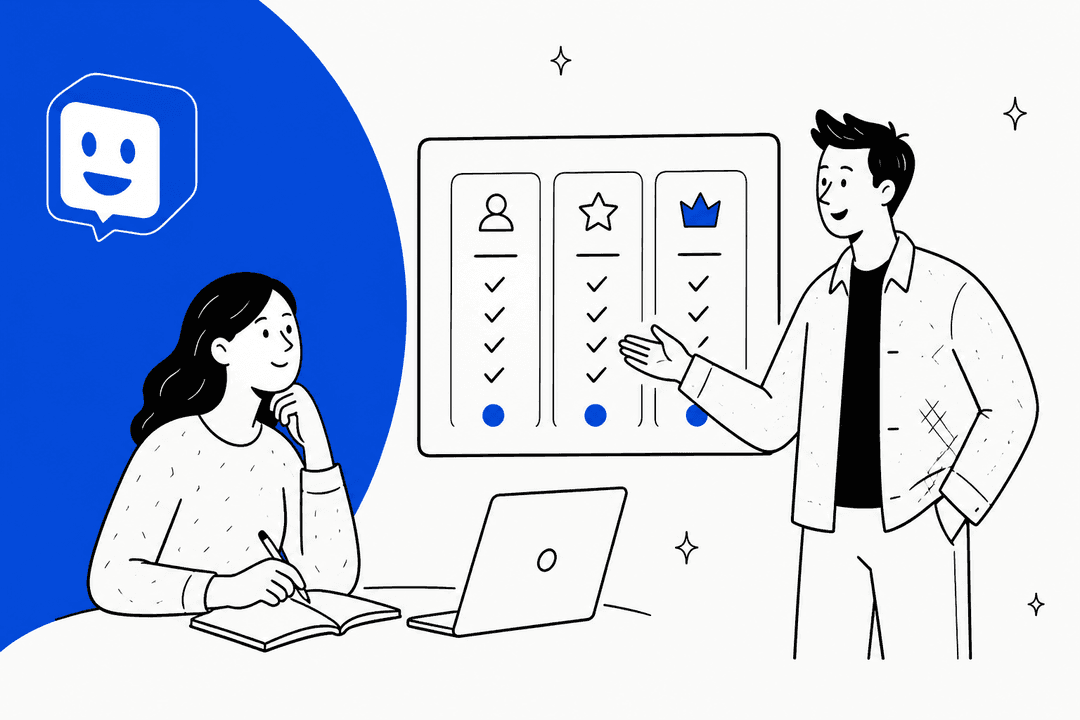 Hand-drawn illustration of two people comparing three pricing plan cards, with the Chatway logo on a blue band
