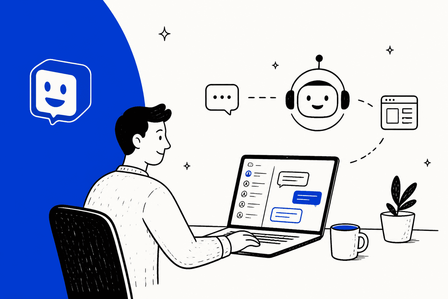 Chatway review hero banner in Chatway blue, a support agent at a laptop with a chat inbox, linked to a friendly robot agent and a website window, with the Chatway logo on a blue band