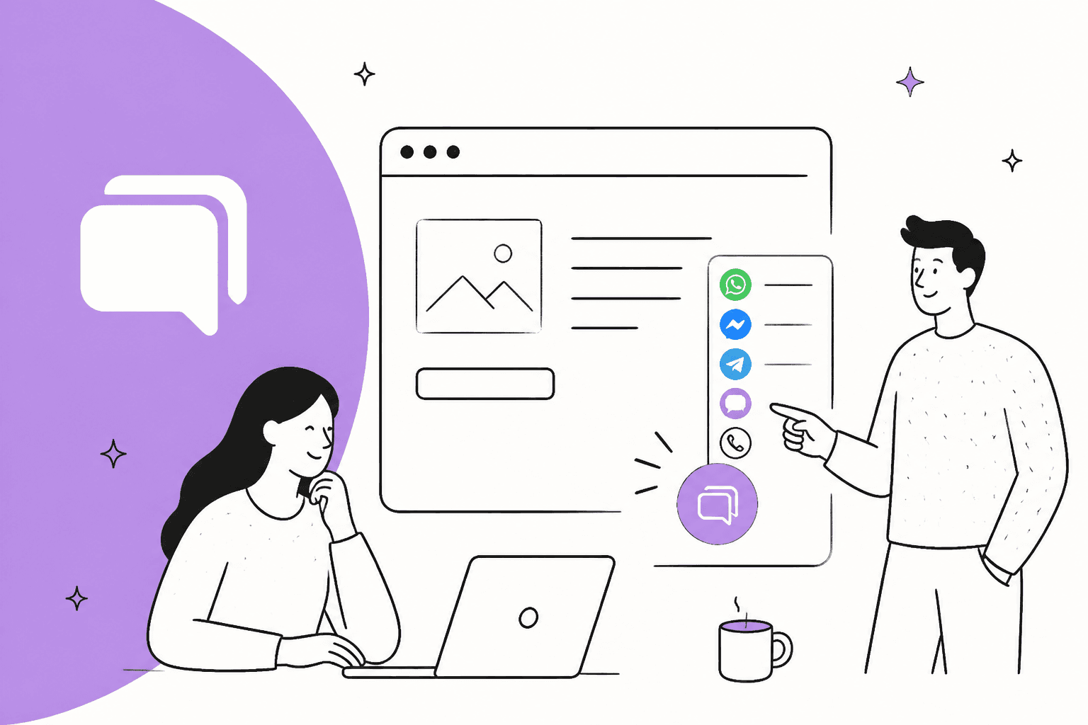 Hand-drawn illustration of a website with a purple Chaty chat button opening a column of messaging channels, a person at a laptop and the Chaty logo on a lavender circle