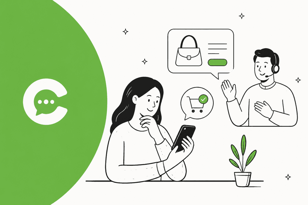 Hand-drawn shopper on her phone chatting with a store agent, with a handbag product card and an added-to-cart bubble, next to a bold green shape with the Chizy logo