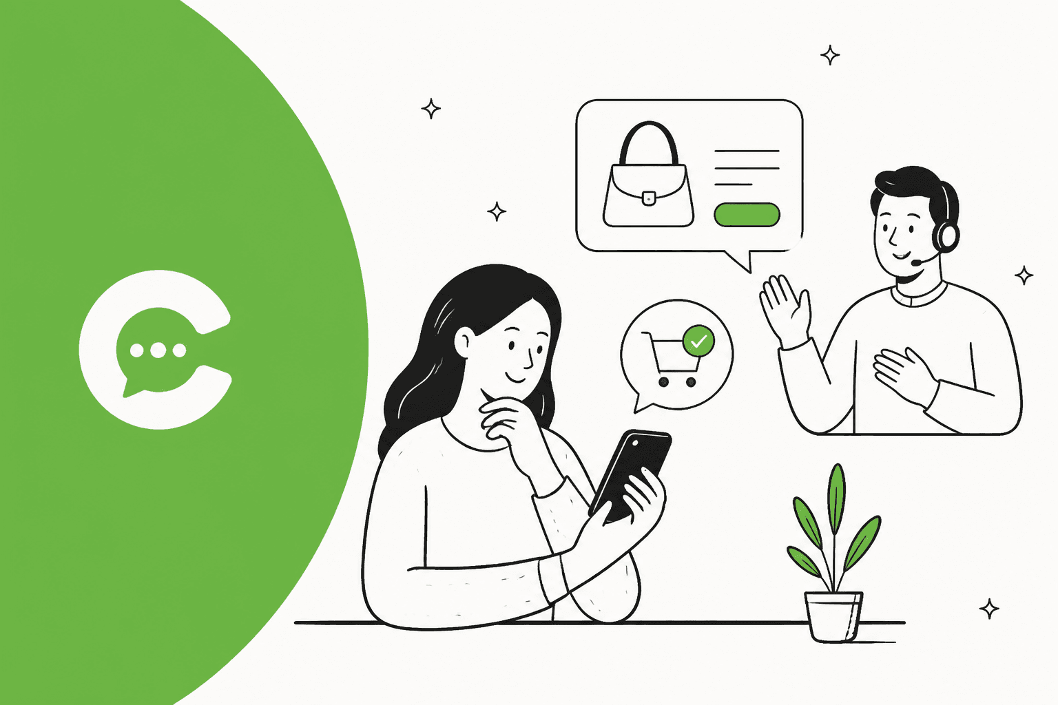 Hand-drawn shopper on her phone chatting with a store agent, with a handbag product card and an added-to-cart bubble, next to a bold green shape with the Chizy logo