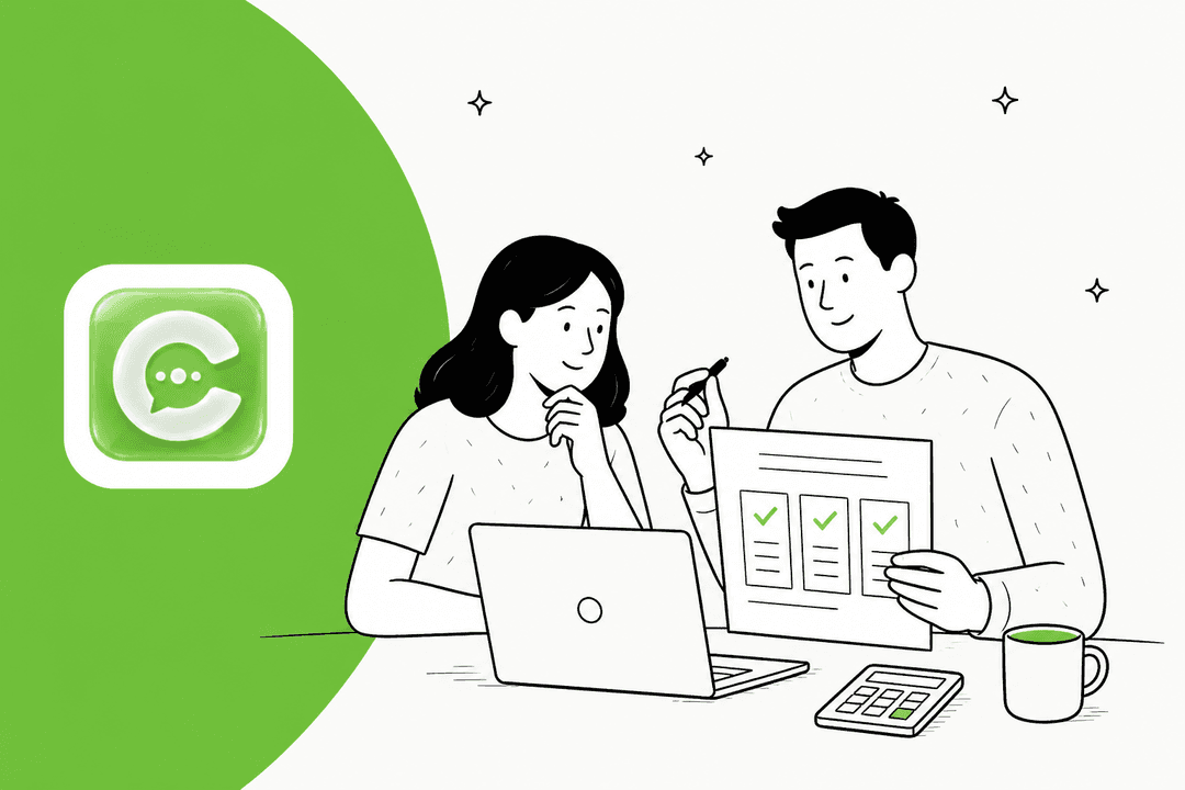 Chizy pricing hero banner, a hand-drawn pair at a desk reviewing a three-column plan sheet next to a laptop and a calculator, with the green Chizy app icon on a bright green background