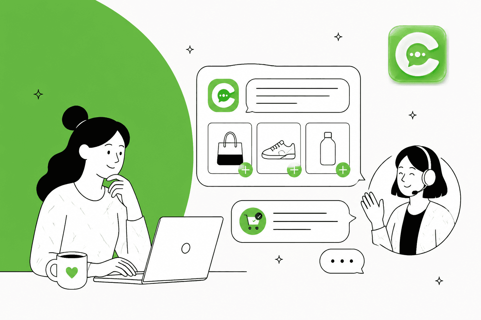 Bannière de l'avis Chizy : un e-commerçant dessiné à la main devant son ordinateur portable regarde un chat Chizy recommander des produits avec des boutons d'ajout au panier, tandis qu'un agent de support avec un casque lui fait signe, sur fond vert