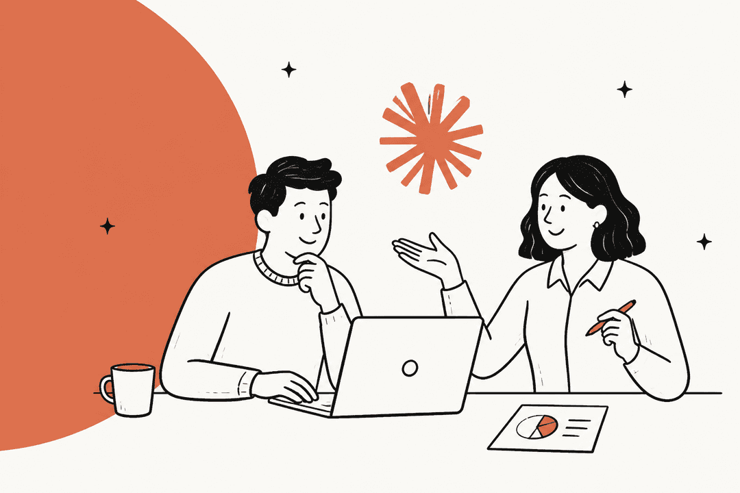 Hand-drawn illustration of two people talking over a laptop with a pie chart on the table, beside a large clay-orange shape and a Claude-style starburst