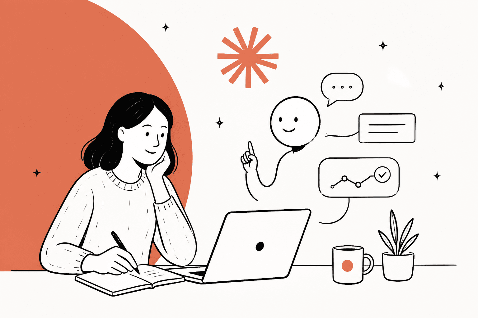 Hand-drawn illustration of a woman at a laptop taking notes while a friendly assistant figure points to a chat bubble, a task card and a chart, over a large clay-orange shape