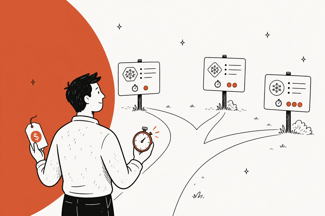 Hand-drawn illustration of a person holding a price tag and a stopwatch at a fork in the road, choosing between signposted AI model cards