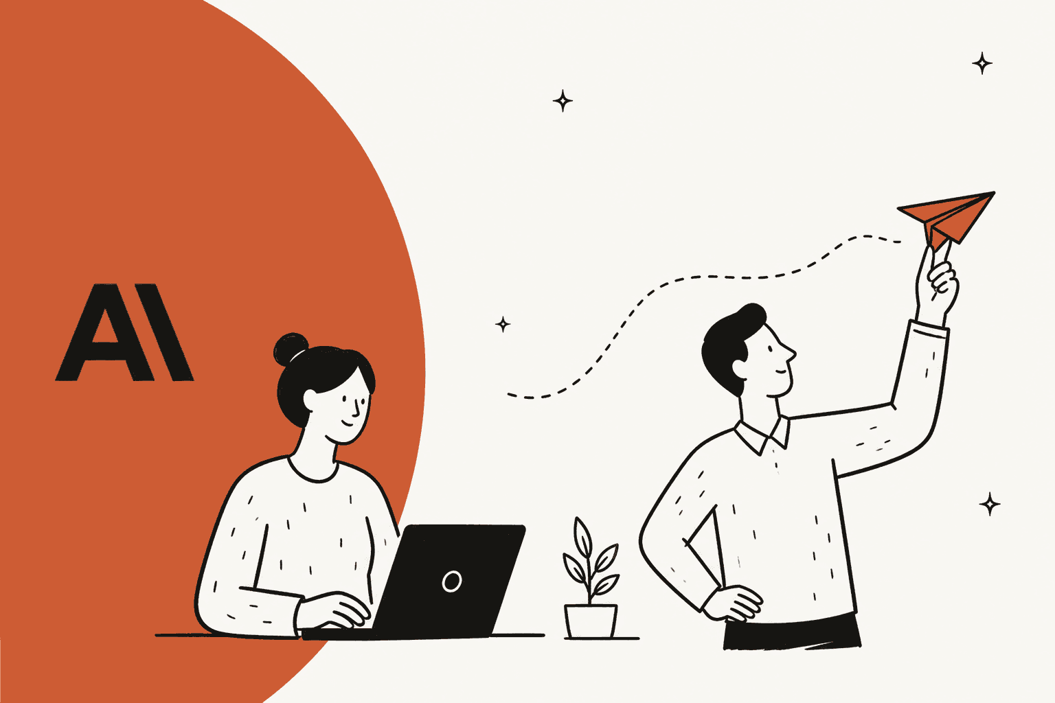Hand-drawn illustration of one person working at a laptop and another launching a paper plane, with the Anthropic logo on an orange background, for a Claude Haiku 5.5 explainer