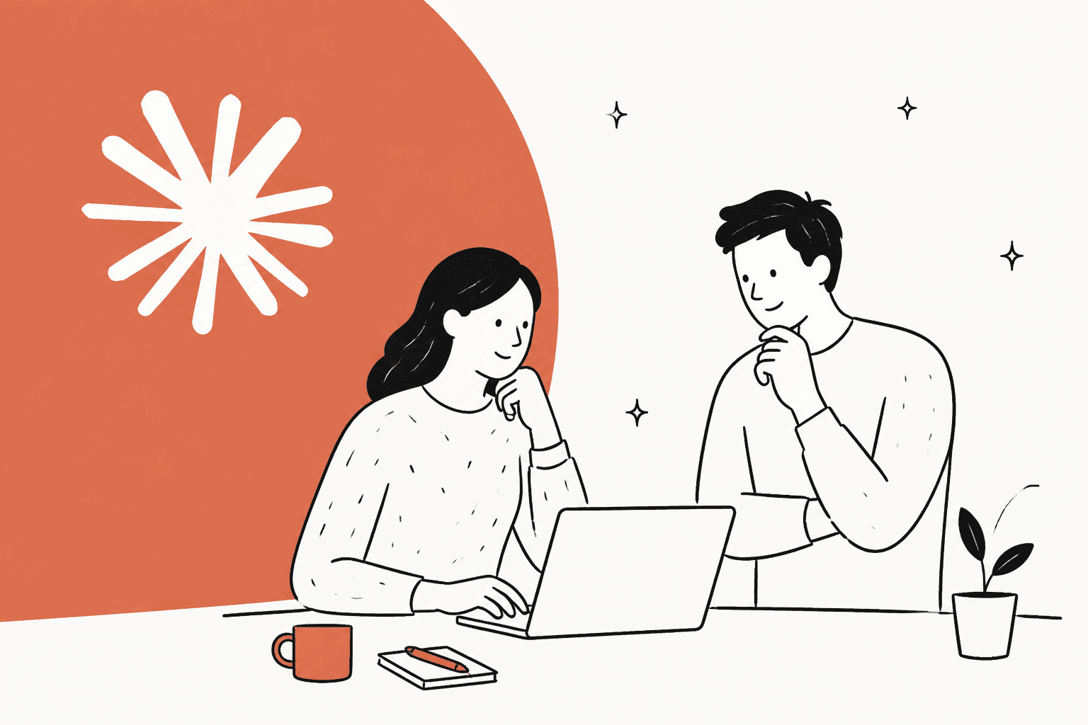 Illustration of two colleagues at a laptop beside a Claude starburst: an honest look at Claude AI reviews in 2026