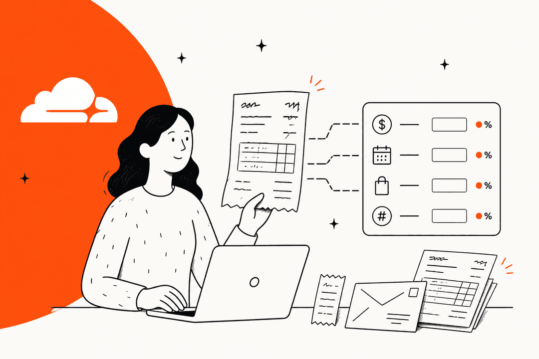 Cloudflare Clairic hero banner in Cloudflare orange, a person holding a receipt whose amount, date, item and number are pulled into a panel of typed fields with confidence scores