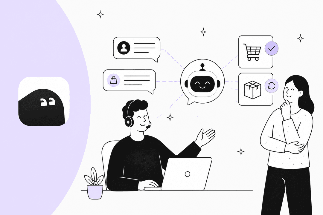 Support agent with a headset and a store owner reviewing Commslayer for Shopify stores in 2026