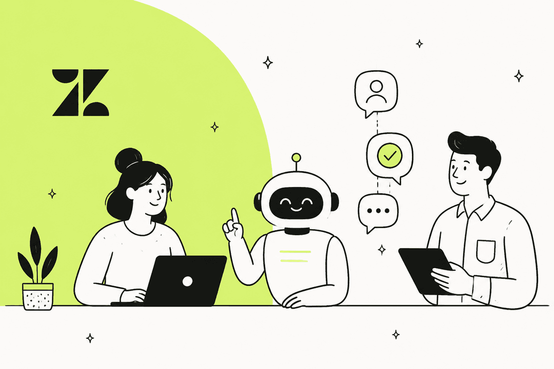 Illustration of support teammates working beside an AI robot, next to the Zendesk logo