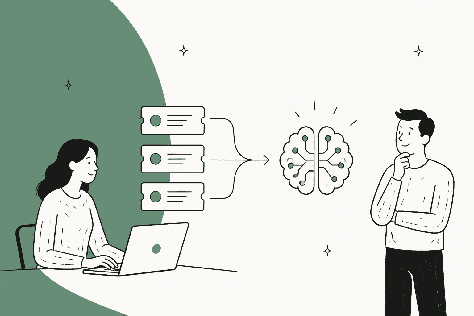 Illustration of ServiceNow tickets flowing into an AI brain while an agent works at a laptop