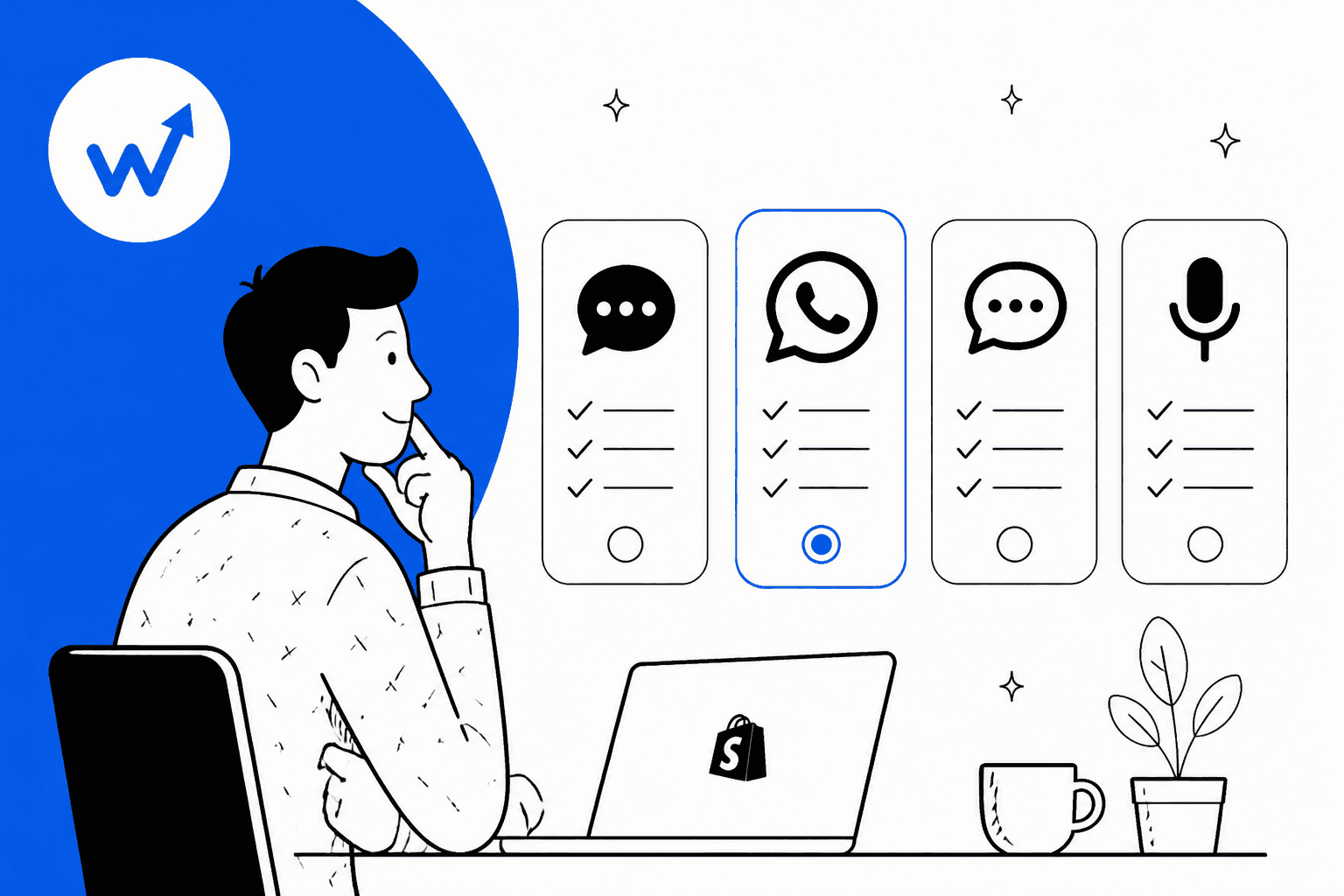 Hand-drawn store owner at a laptop with a Shopify bag on the lid, weighing four messaging option cards for chat, WhatsApp, SMS and voice, with the WhatsApp card selected, next to the ConvertWay logo on a bright blue shape