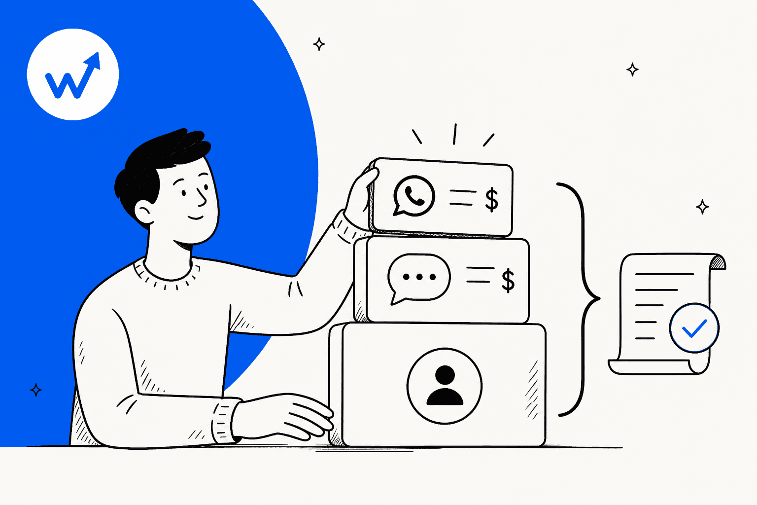 Hand-drawn illustration of a store owner stacking blocks for a plan fee, SMS and WhatsApp message charges into one bill, on a bright ConvertWay blue shape with the ConvertWay logo