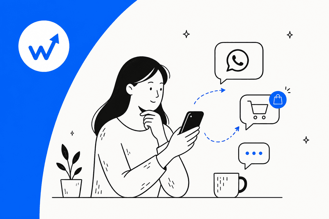 ConvertWay review hero banner, a hand-drawn shopper on her phone with WhatsApp, cart and chat bubbles beside the ConvertWay logo on a bright blue background
