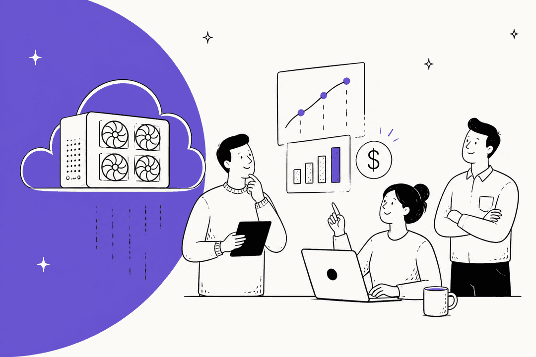 Illustration of a team reviewing GPU cloud pricing charts next to a cloud server