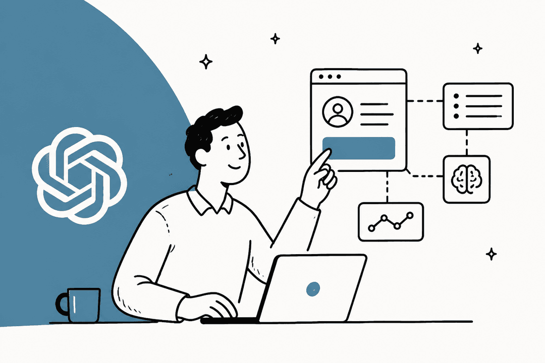 Hand-drawn person pointing at a custom GPT builder screen beside a blue half circle with the OpenAI logo