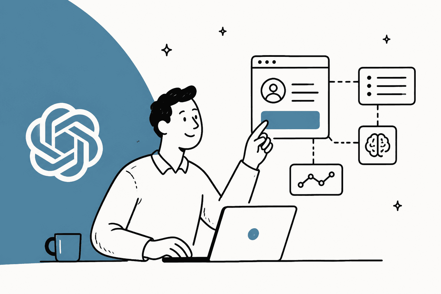 Hand-drawn person pointing at a custom GPT builder screen beside a blue half circle with the OpenAI logo