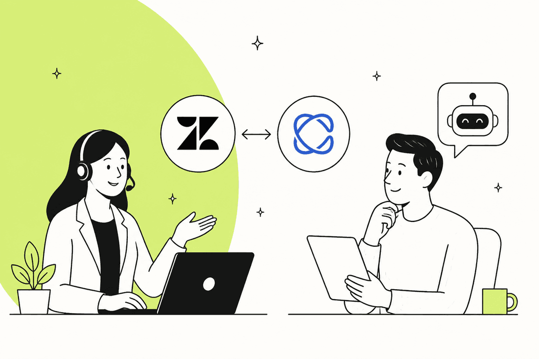 Illustration of a support agent at a laptop and a manager with a tablet, with Zendesk and Cresta logos between them