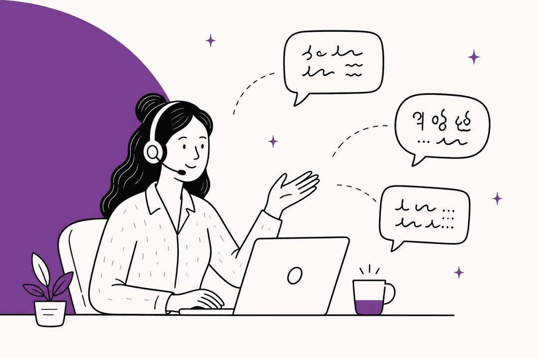 Hand-drawn support agent with a headset at a laptop, answering speech bubbles written in different scripts, in front of a large plum shape
