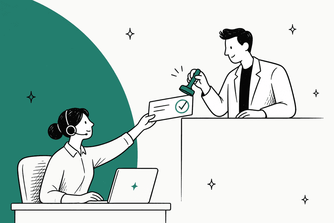 Hand-drawn illustration of a support agent at a laptop handing a request card up to a manager, who stamps it with a green approval stamp