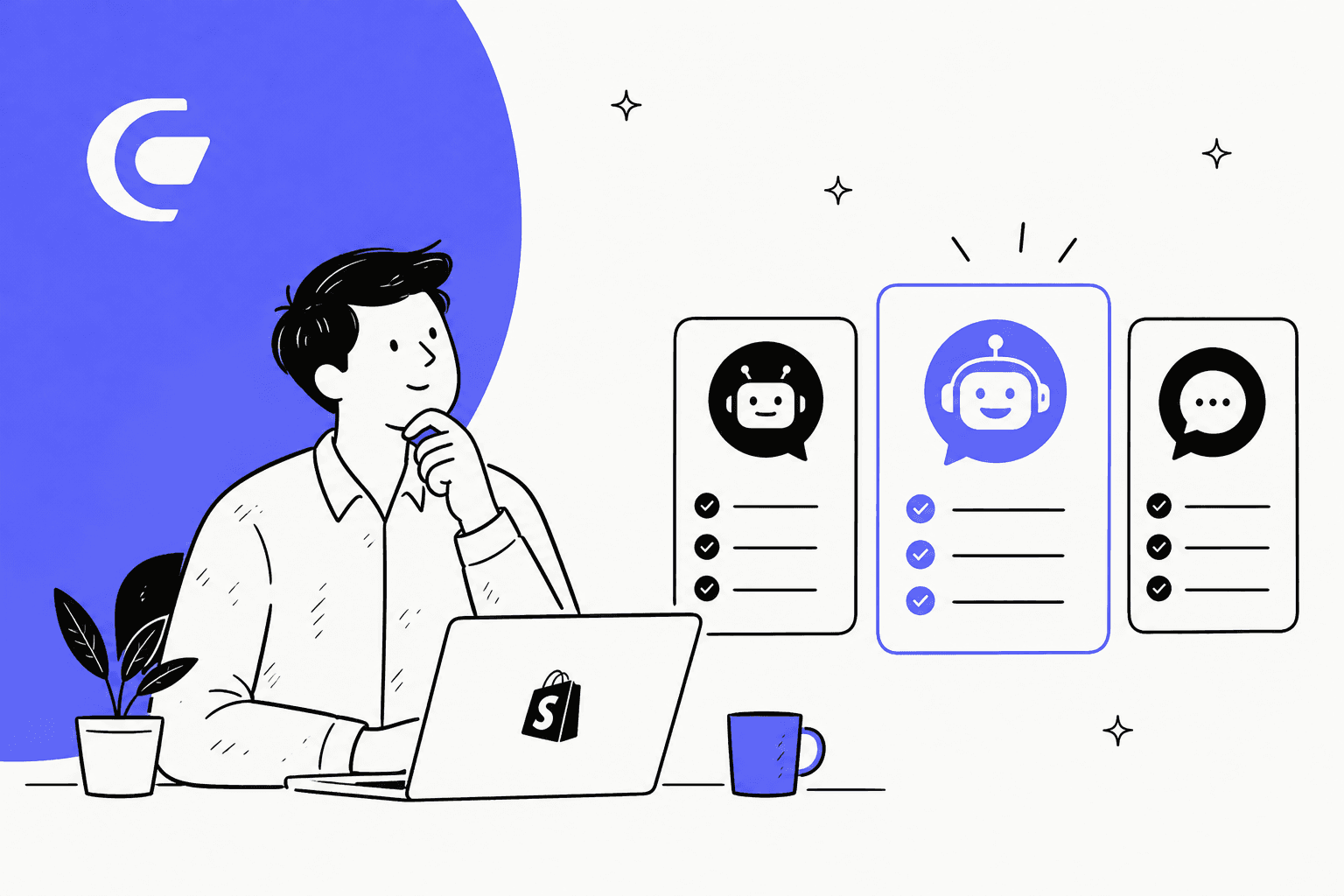 Hand-drawn Shopify store owner at a laptop weighing three AI chat app cards, the middle one highlighted, next to a bold purple shape with the CWILL logo
