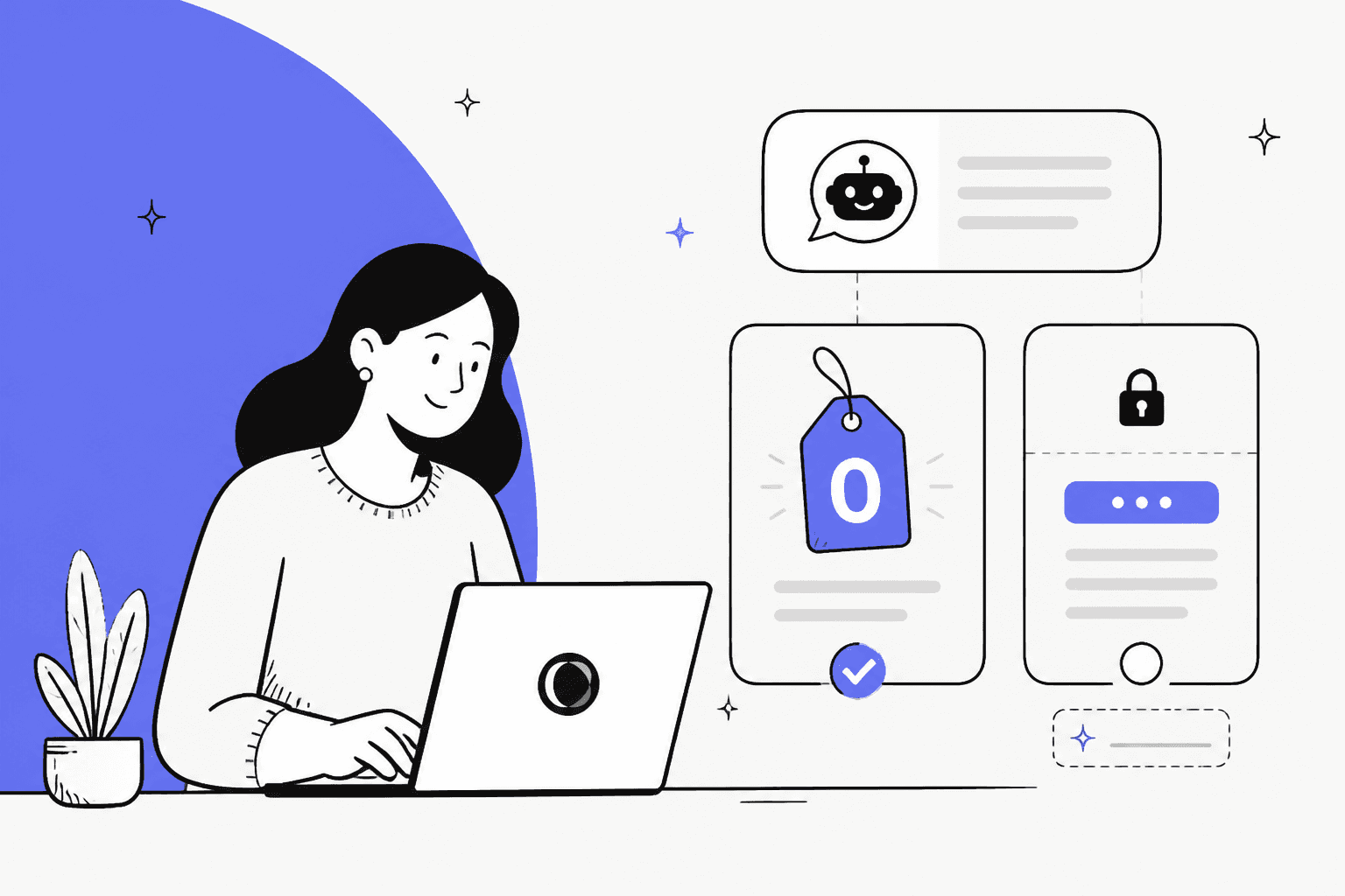 CWILL pricing hero banner in CWILL indigo, a merchant at a laptop next to a chatbot card, a price tag reading zero and a locked card for a paid tier that is coming later