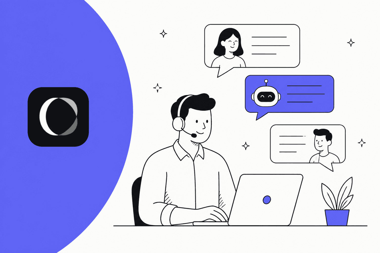 CWILL review hero banner in CWILL indigo, a support agent with a headset at a laptop answering chat bubbles from shoppers and an AI bot, with the CWILL logo on a large indigo shape