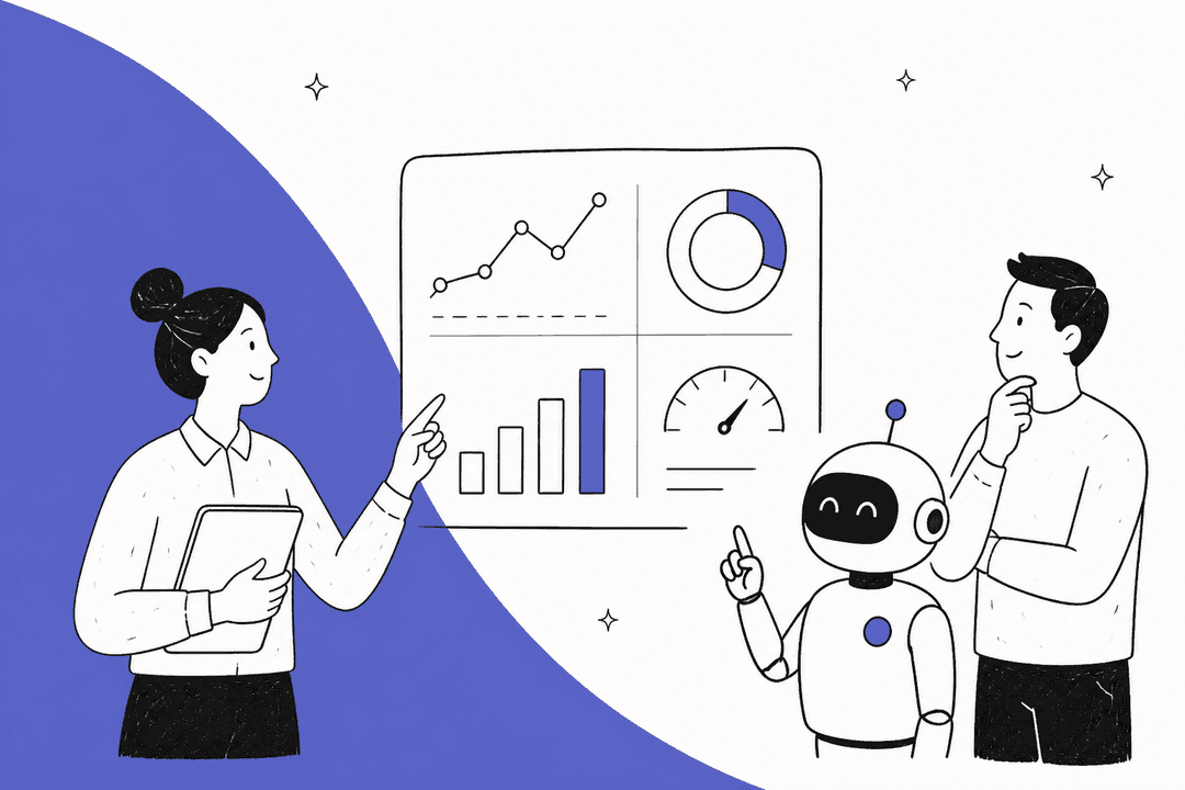 Hand-drawn illustration of two people and a friendly robot reviewing a dashboard of support charts on an indigo background