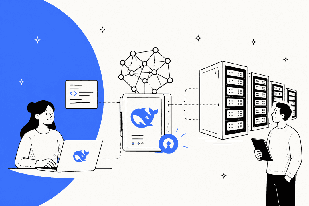Hand-drawn illustration of a developer at a laptop sending code to a DeepSeek-branded server box that feeds a row of GPU racks, watched by a colleague holding a tablet