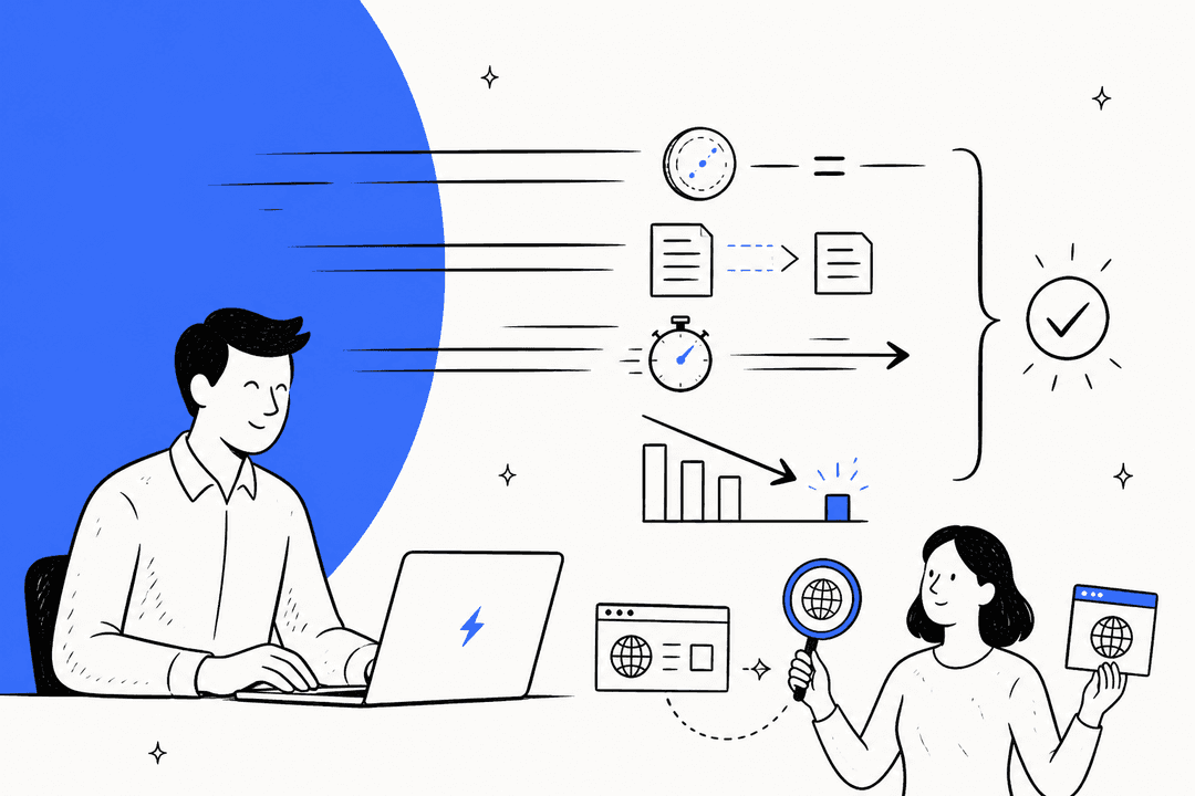 Ilustração desenhada à mão de uma pessoa desenvolvedora em um laptop, com documentos mais curtos, um cronômetro, barras de custo em queda e uma lupa de busca na web