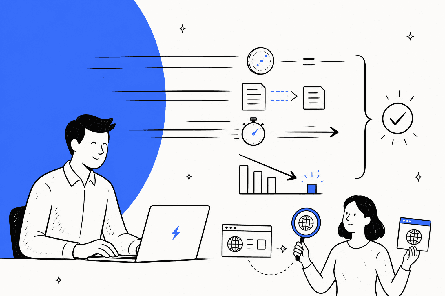 Ilustração desenhada à mão de uma pessoa desenvolvedora em um laptop, com documentos mais curtos, um cronômetro, barras de custo em queda e uma lupa de busca na web