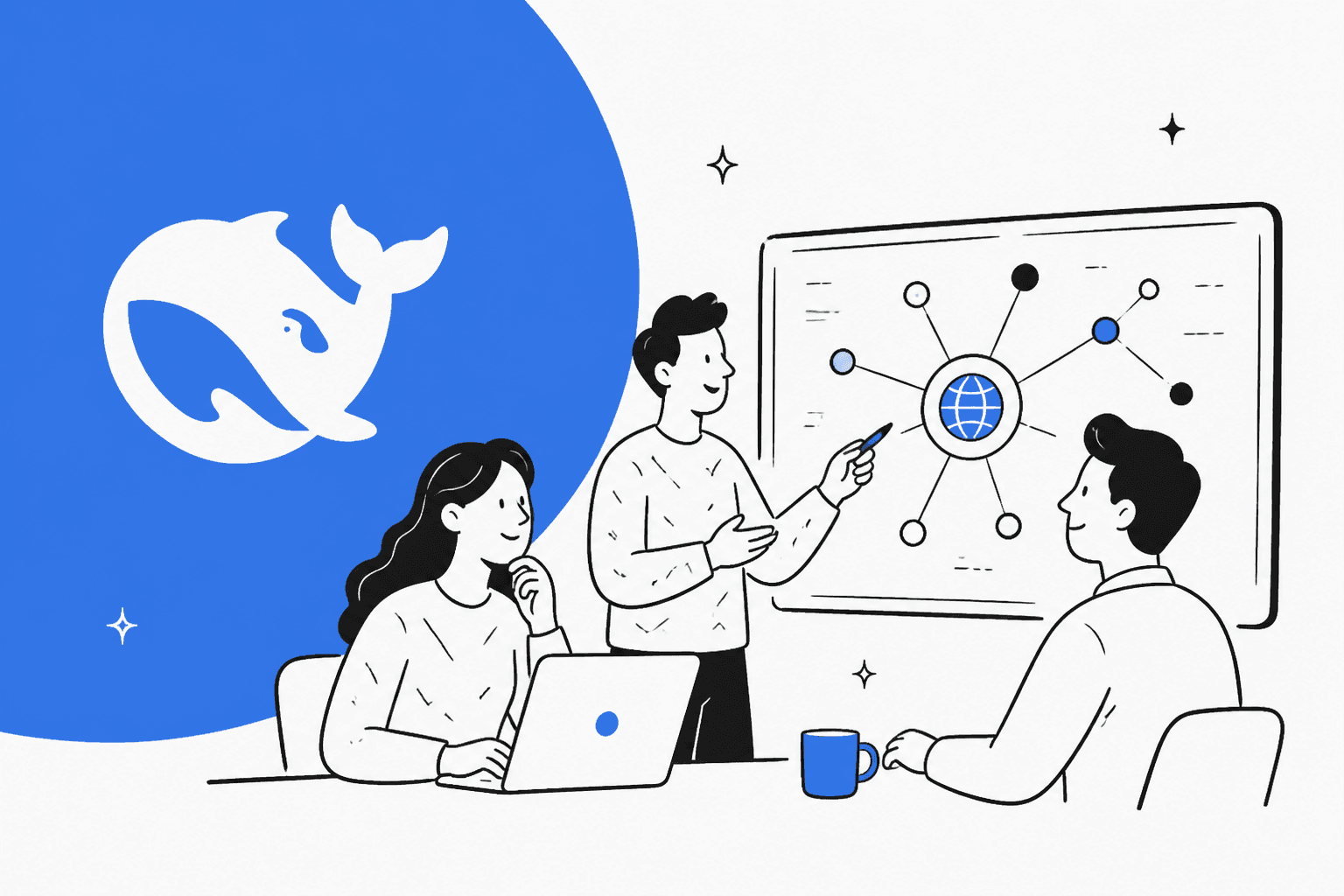 Ilustração desenhada à mão de três colegas analisando um diagrama de rede de modelos em um quadro branco, ao lado da baleia do DeepSeek sobre uma forma azul