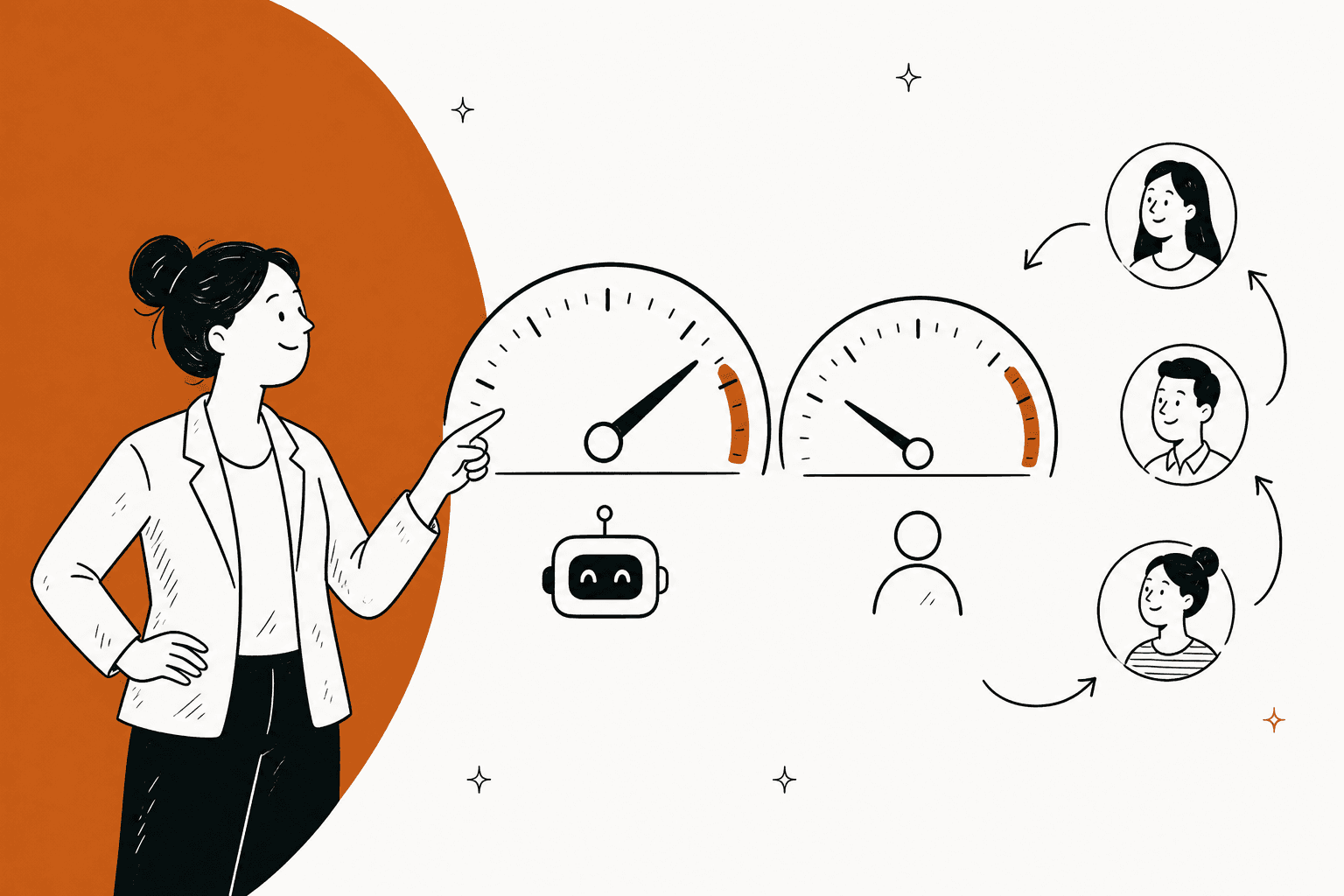 Hand-drawn illustration of a support lead pointing at two gauges, a high one for the AI bot and a lower one for problems solved, with customers looping back on the right