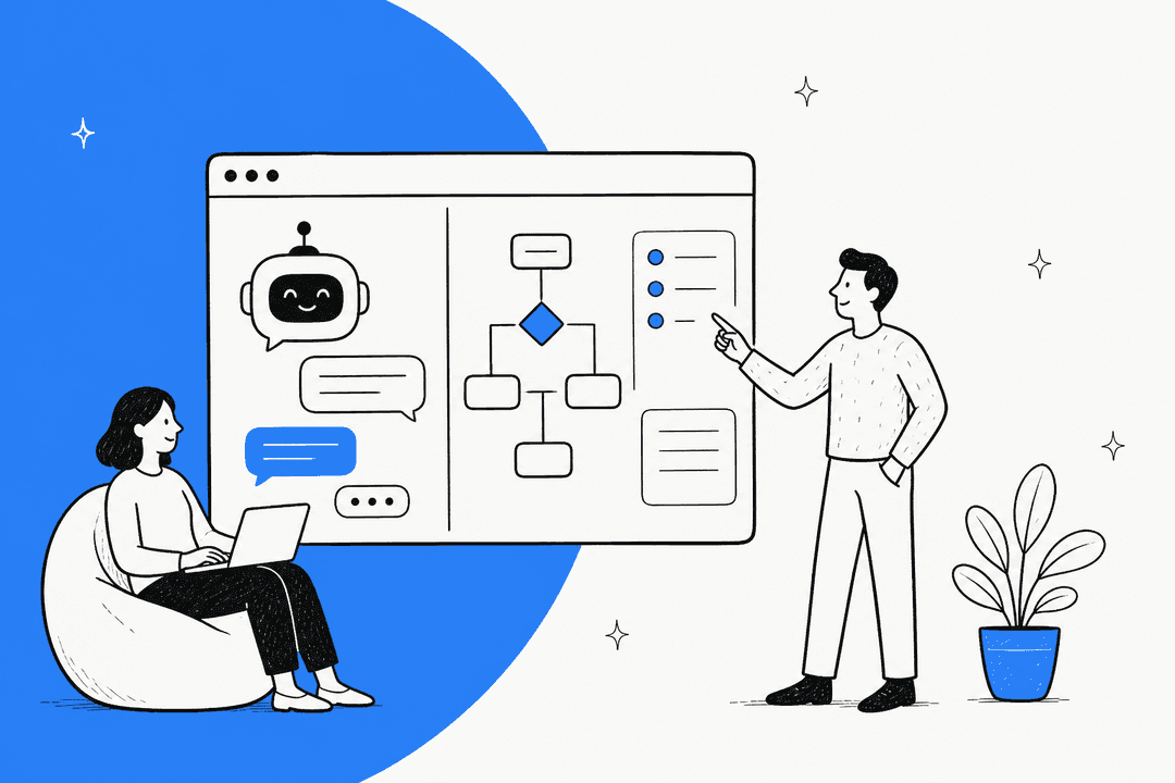 Hand-drawn illustration of two people building a Dialogflow chatbot flow on a large screen, 2026 guide