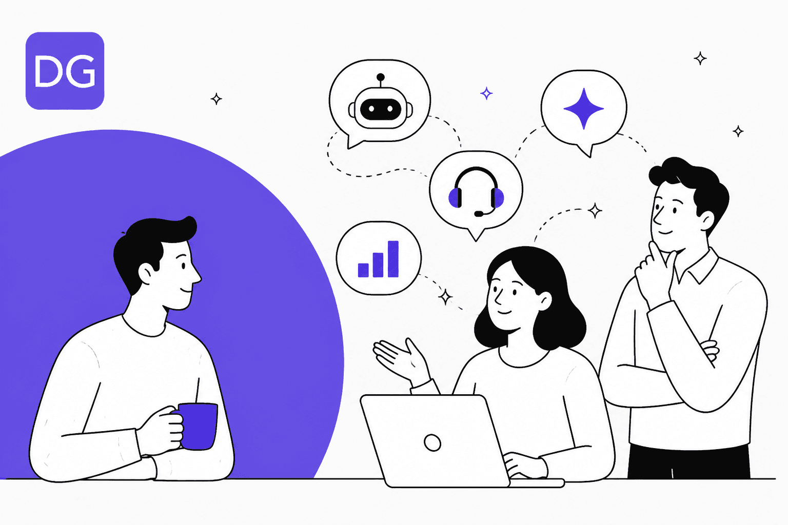 Hand-drawn illustration of three people talking through AI support options next to a purple DigitalGenius badge