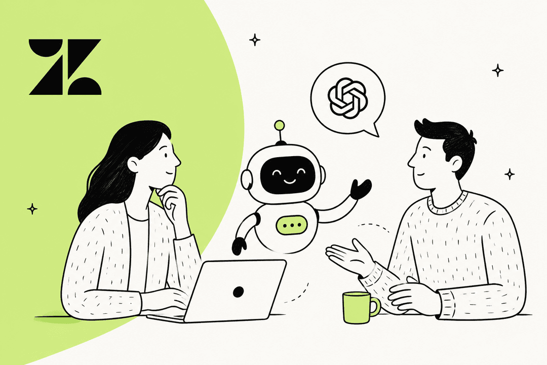 Illustration of two support teammates and an AI robot with the OpenAI mark, next to the Zendesk logo