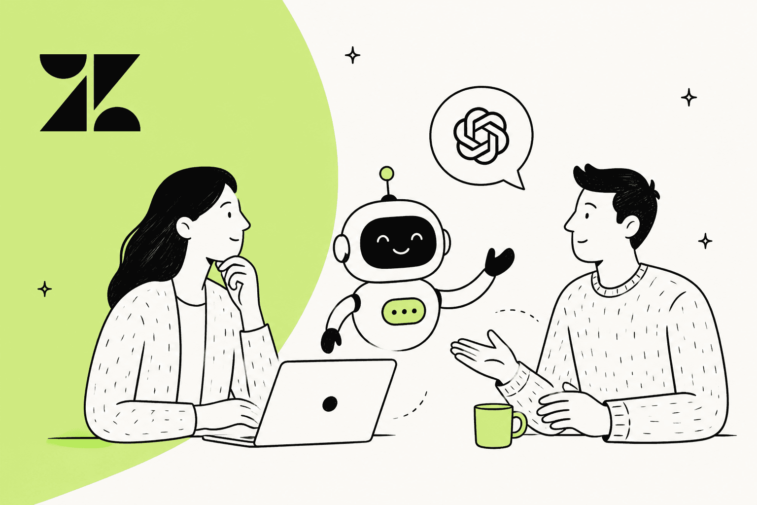 Illustration of two support teammates and an AI robot with the OpenAI mark, next to the Zendesk logo