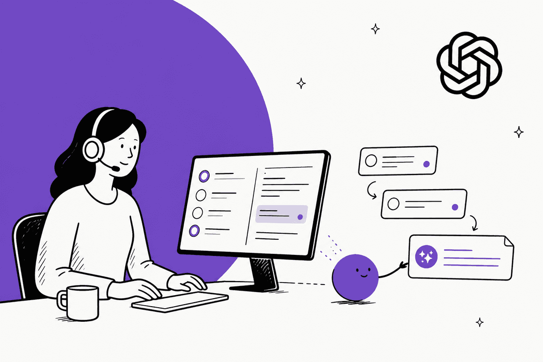 Hand-drawn illustration of a support agent with a headset at a ticket queue while a small purple dot sorts tickets and drafts a reply beside the monitor
