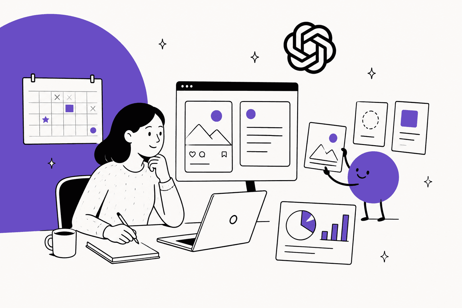 Hand-drawn illustration of a marketer at a desk with a campaign calendar and social post drafts on screen while a small purple dot arranges design drafts and a report chart beside them