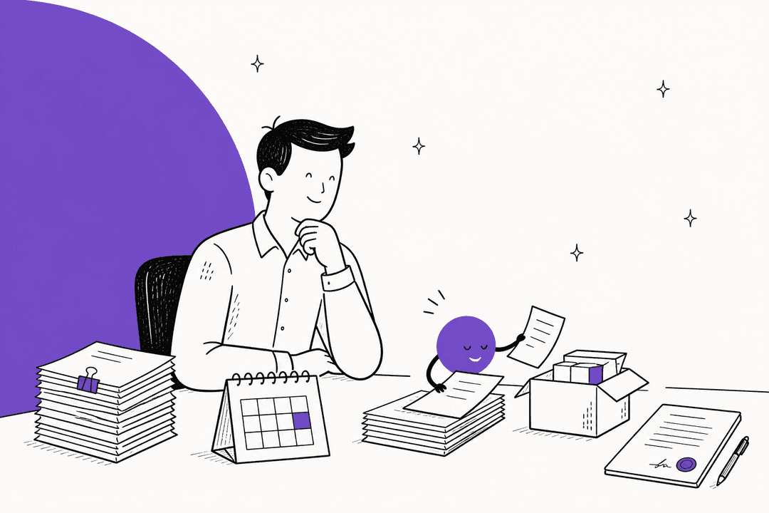 Hand-drawn illustration of an operations manager at a desk with an invoice stack, a payroll calendar, an inventory box, and a signed contract while a small purple dot sorts papers
