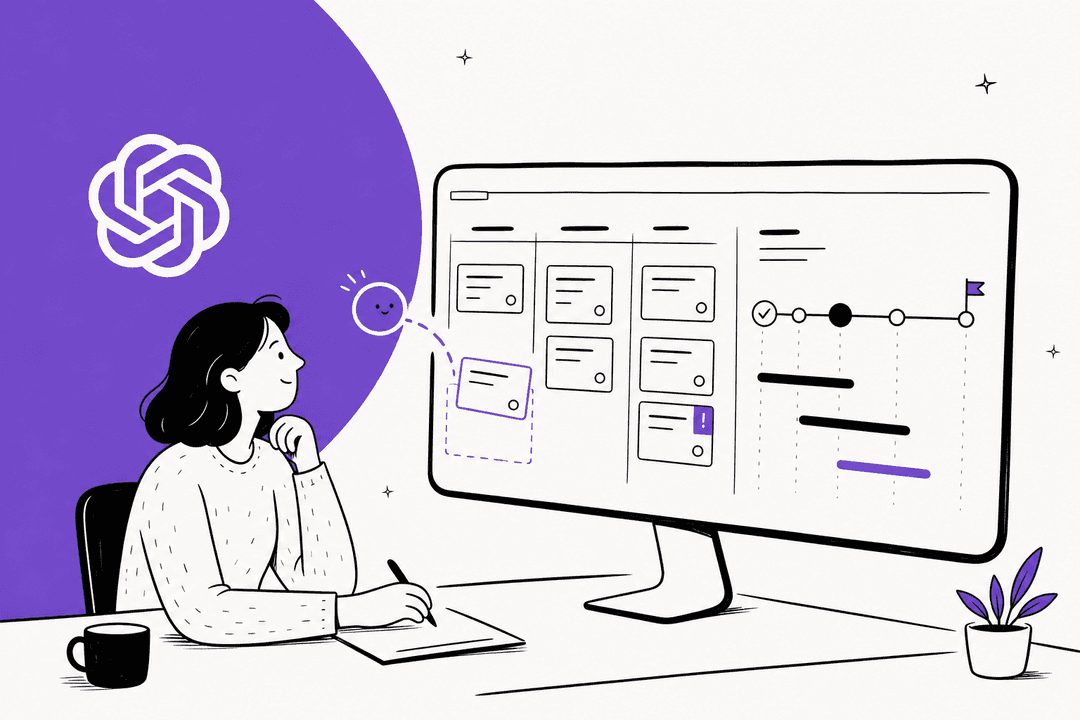 Hand-drawn illustration of a project manager at a desk looking at a kanban board and a milestone timeline while a small purple dot moves a task card and flags a blocked item