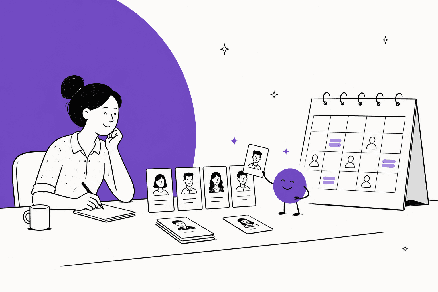 Hand-drawn illustration of a recruiter at a desk with candidate cards while a small purple dot hands her a profile beside an interview calendar