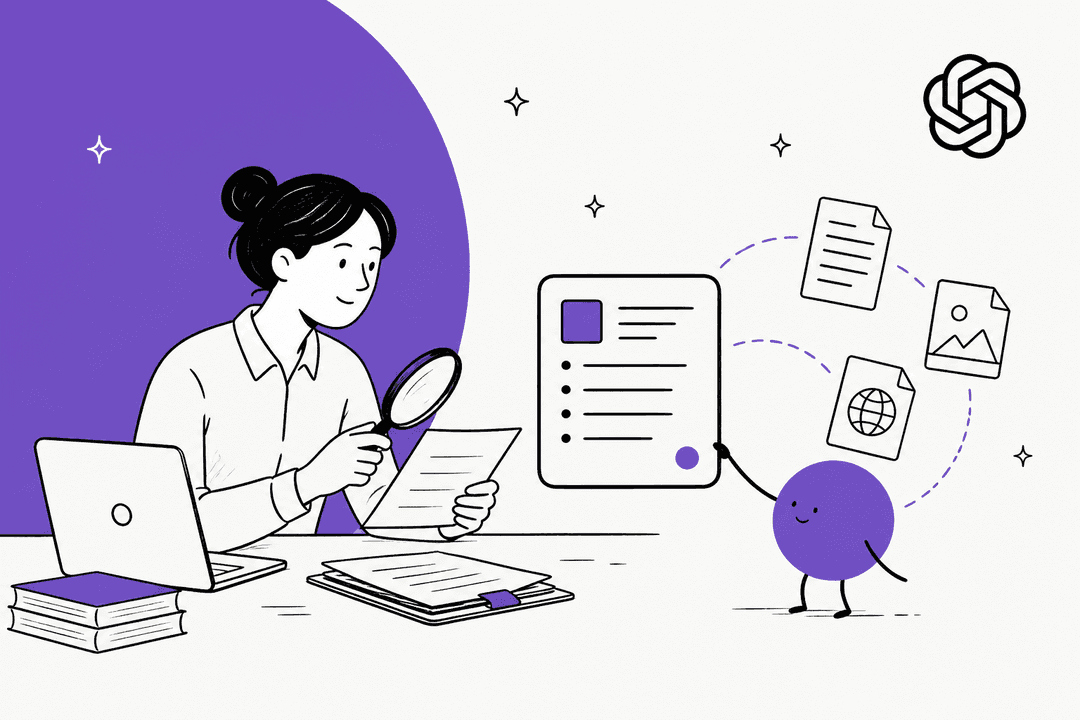 Hand-drawn illustration of an analyst with a magnifying glass at a desk while a small purple dot gathers documents into a briefing