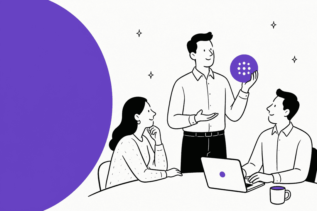Hand-drawn illustration of a salesperson holding up a purple dot while two colleagues at a table with a laptop look on