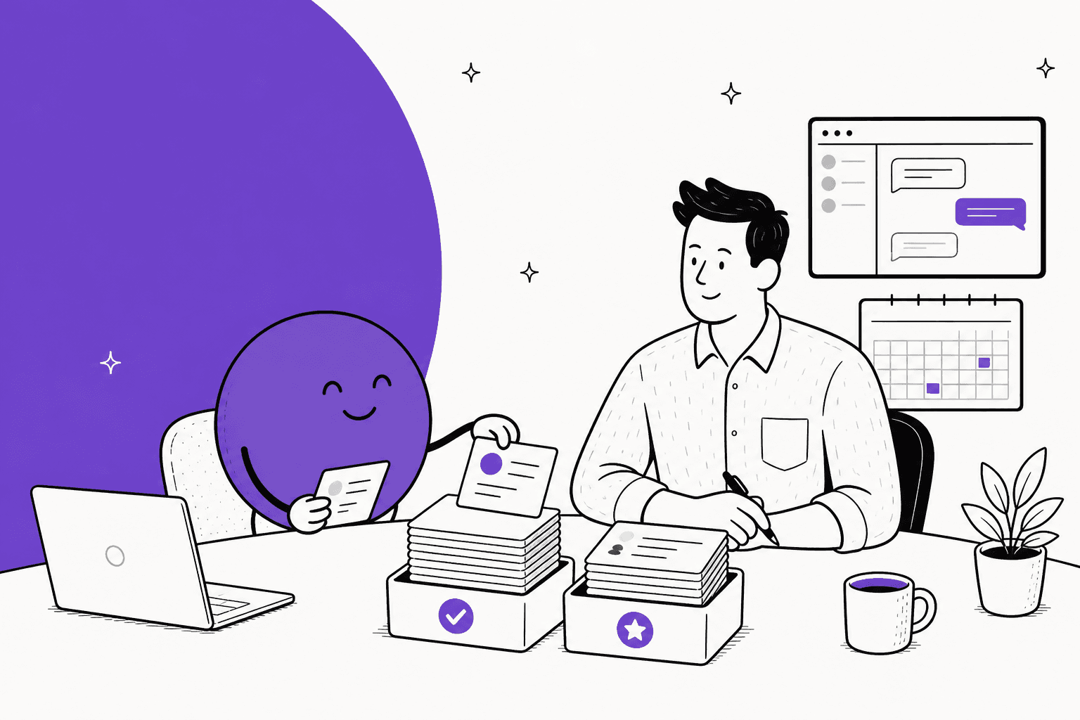 Hand-drawn illustration of a smiling round purple dot character at an office desk sorting work cards into an approve tray and a done tray beside a person, with a chat window and calendar behind them