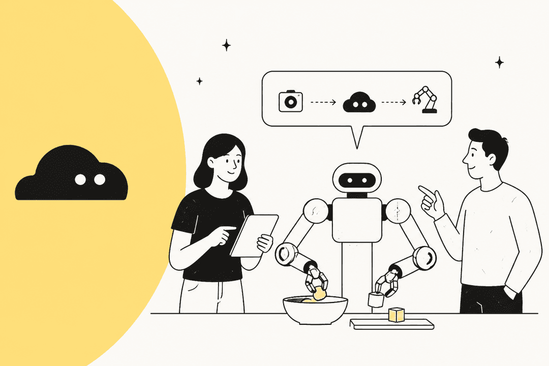 Ilustração de um robô de dois braços recebendo entrada de câmera e uma tarefa através do modelo Dream-1 da Dream Labs enquanto duas pessoas observam