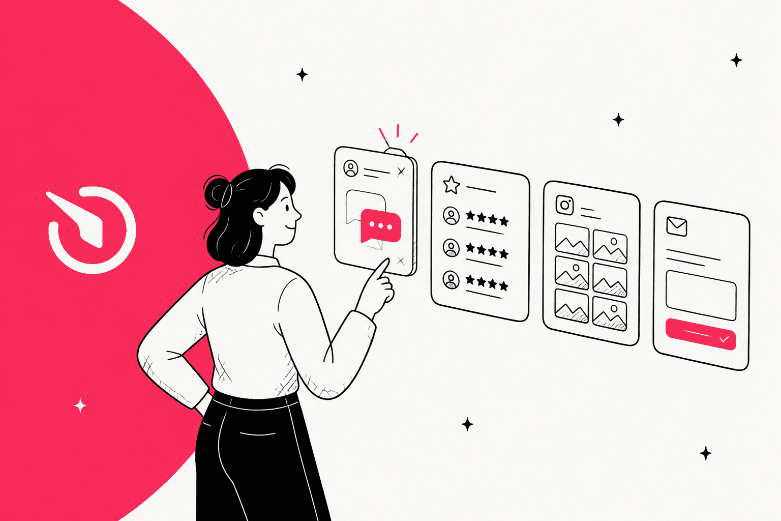 Elfsight AI Chatbot alternatives hero banner, a woman choosing between website widget cards for chat, reviews, a photo gallery and a form, next to the Elfsight logo on a large pink-red shape