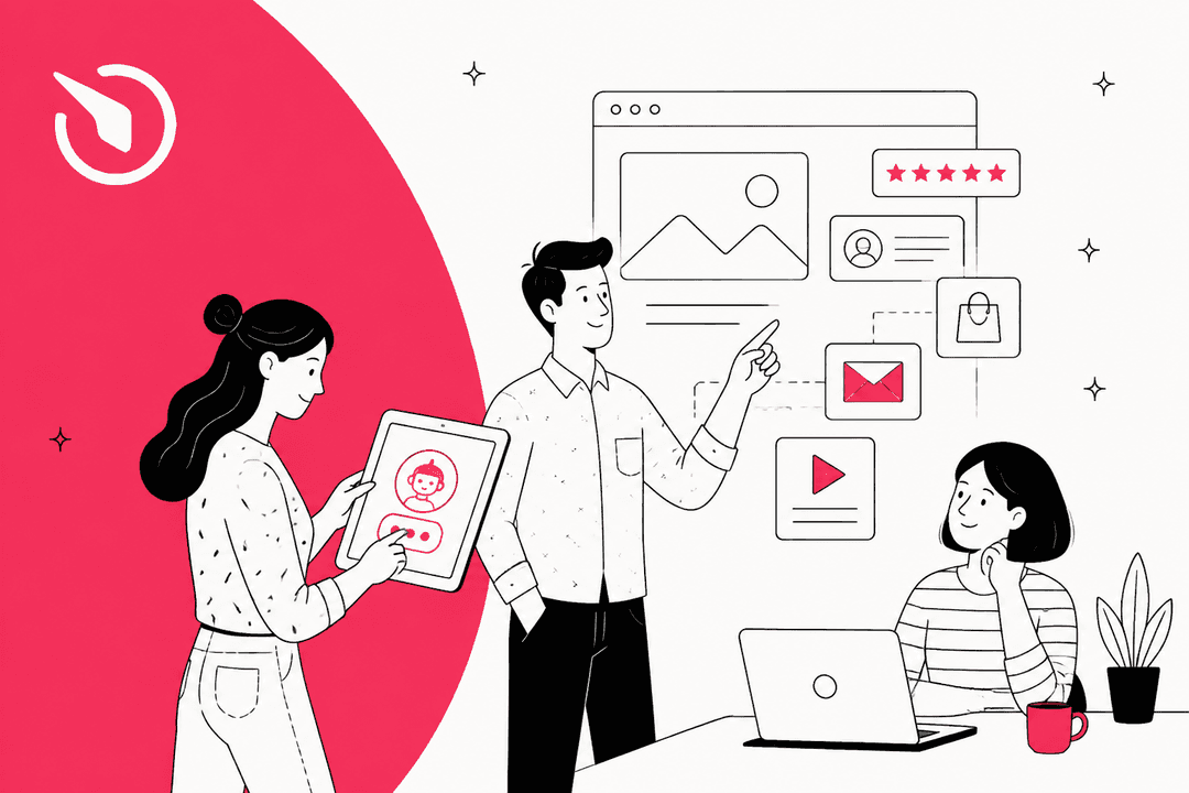 Elfsight AI Chatbot Test, Hero-Banner: ein kleines Team richtet ein KI-Chat-Widget auf einer Website ein, mit Bewertungssternen, E-Mail- und Videokarten, neben dem Elfsight-Logo auf einer großen pinkroten Form